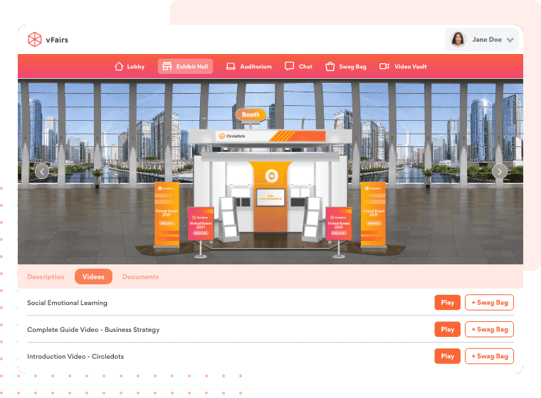vFairs event platform can host documents, videos, and other resources within the exhibit booths.