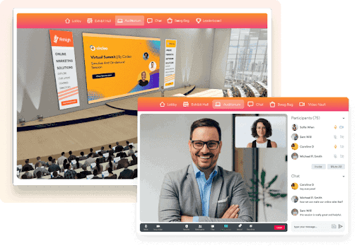 virtual conference image showing 3d environment and chat options in an auditorium